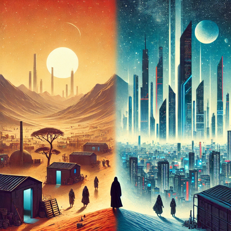 Illustration de couverture pour Les Dépossédés d’Ursula K. Le Guin Illustration contrastant deux mondes : une société anarchiste désertique et une métropole capitaliste futuriste, avec un personnage en transition entre les deux.