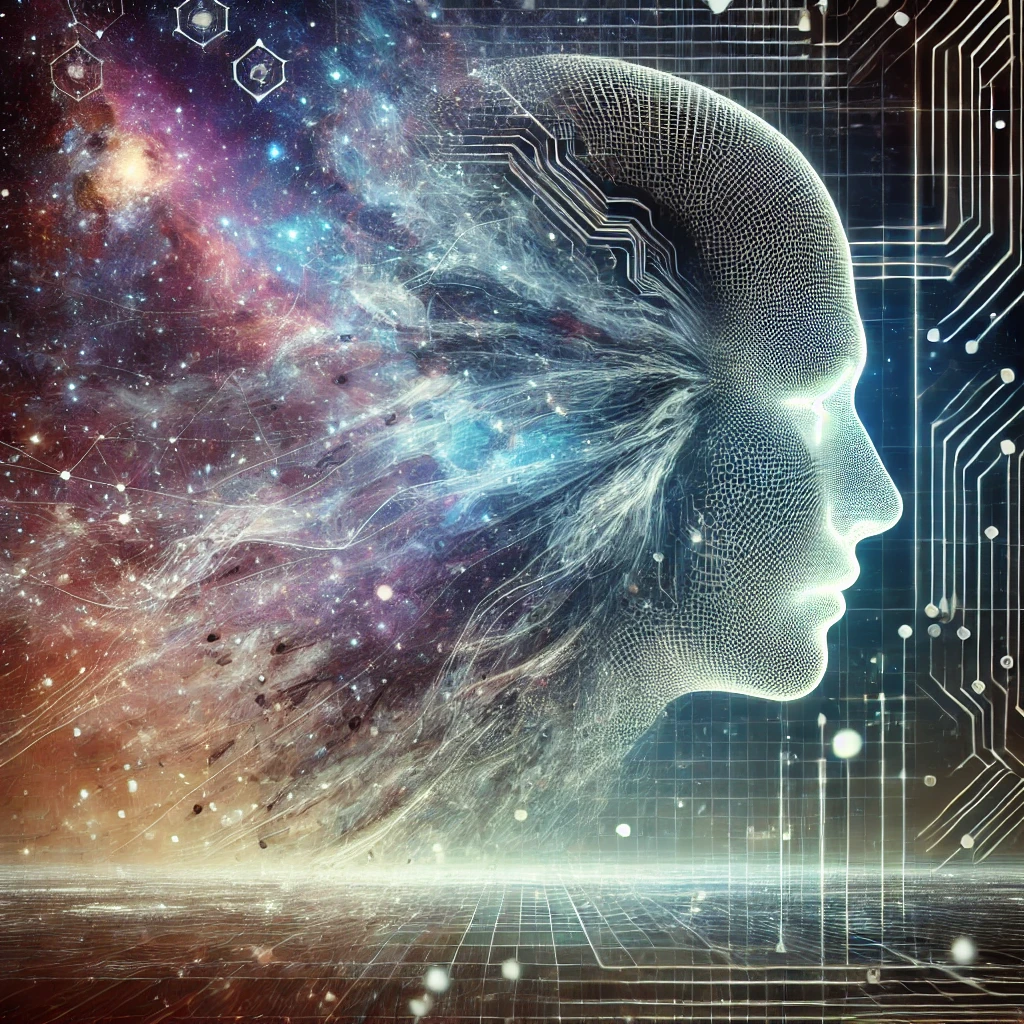 Axiomatique – L’identité et la conscience à l’ère du futur. Illustration futuriste représentant l’évolution de la conscience et de l’identité à travers la technologie.