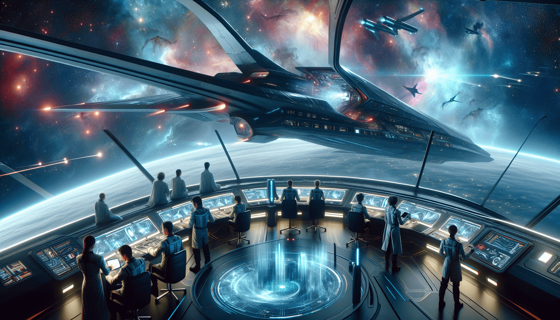 Illustration de Tau Zéro par Poul Anderson – Voyage Interstellaire Équipage dans le cockpit d'un vaisseau spatial futuriste observant l'espace, inspiré du roman "Tau Zéro" de Poul Anderson.